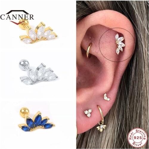 CANNER Small 925 Sterling Silver Colorful Crown Zircon Threaded Ear Piercing Stud Earrings for Women Ear Bone Earring Jewelry
