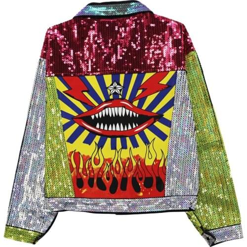 Heavy Work Sequined Denim Jacket Color Block Harajuku Hip Hop Jeans Bomber Jackets Red Lips Print Top Long Sleeve Female Outwear
