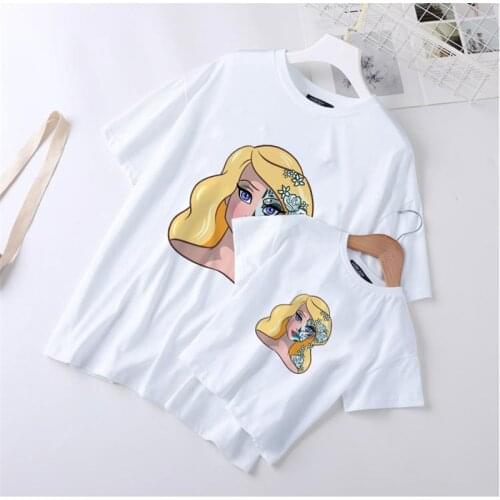 Family Matching T Shirts Summer Short Sleeve Disney Princess Cute Mother Daughter Kids Tshirts Harajuku Streetwear Girls Tops