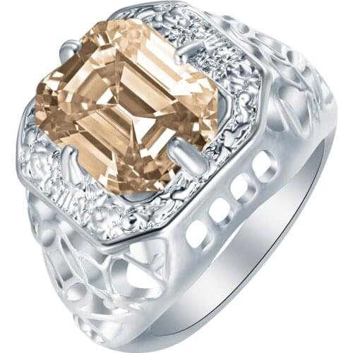 Hainon Luxury Silver Color Ring Champagne Crystal Vintage Men Wedding Engagement Gift Design Square Fashion Jewelry