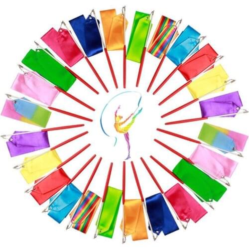 Rhythmic Colorful Gym Ribbons Art Gymnastic Dance Silk Ballet Streamer Twirling Rod Stick Training Professional Rainbow Satin