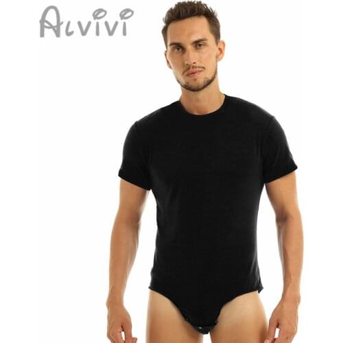 Alvivi Men Body Suit Romper Pajamas One Piece Lingerie Round Neck Short Sleeves Press Crotch T-Shirt Adults Romper Sex Bodysuit