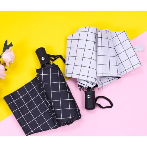 Square lattice new sun umbrella shade UV protection men and women folding sunny umbrella dual-use vinyl sun umbrella three fold