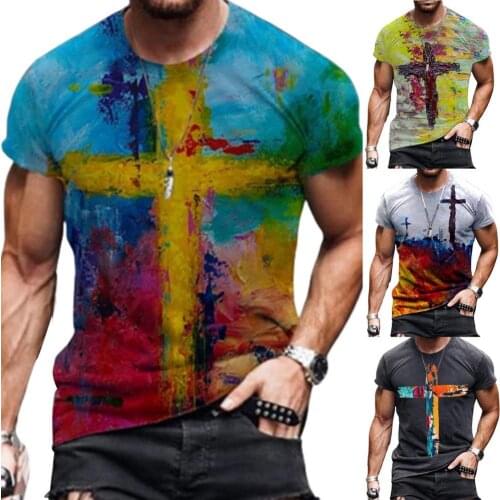 Men T-shirt Cross Print Short Sleeve Slim Top Cotton Blend Pullover for Summer Top 2021