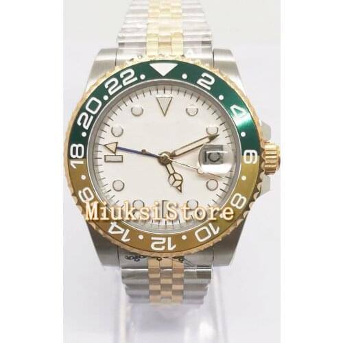 40mm White dial green yellow bezel Double color date sapphire crystal Automatic mens watch Bule luminous hands