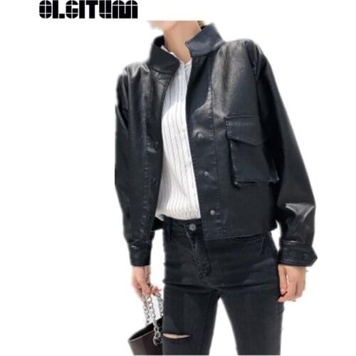 New Fashion 2020 Autumn Women Leather Jacket Slim Short Coat Batwing Sleeve Stand Collar Coat Outwear Female JK612