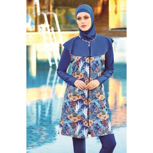 Full Closed Hijab Swimwear 2058 Light Dark Blue Turkish' Muslim Swimsuit Burkinis Modest Clothing Islamic Long Sleeves Hijab Full Co