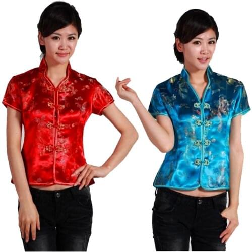 Shanghai Story Traditional Chinese Womens Satin V-Neck Shirt Tops Dragon Phenix Qipao Shirt Cheongsam Top