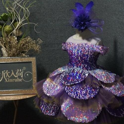 Bling Shiny Purple Flower Girl Dresses Ball Gowns Luxury Off Shoulder Girls Birthday Pageant Evening Dresses Ball Gowns