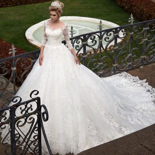 Modest Three Quarter Sleeve Ball Gown Lace Wedding Dresses 2021 Appliques Bridal Dress Robe de Mariee Princesse de Luxe