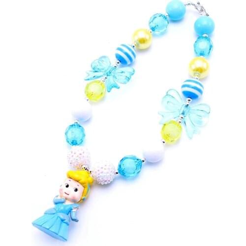 MHS.SUN 2PCS Blue Color Princess Chunky Bead Necklace Cinderella Girls Children Bubblegum Chunky Necklace Party Jewelry For Gift