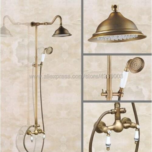 Shower Faucet Antique Brass Dual Handle Shower Faucet Set Wall Mounted Rainfall Shower System Bathroom Bath Shower Mixer Kan506