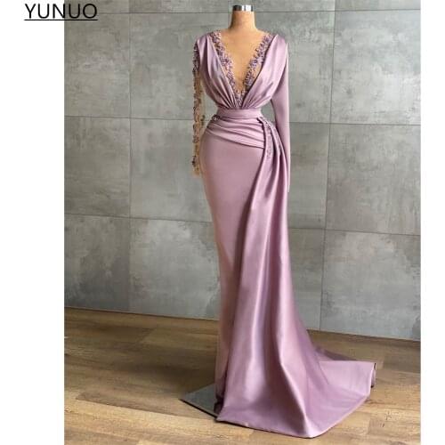 YUNUO Dusty Pink Mermaid Arabic Evening Dresses Prom Party Gowns with Overskirt Long Sleeves Dubai Formal Dress فساتين السهرة