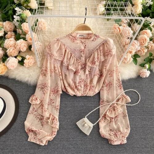 Womens Chiffon Shirts Female Stamd Collar Ruffles Puff Sleeve Niche Mesh Ruffled Floral Print Female Blusa Top PL607