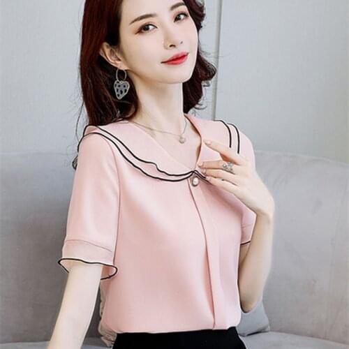 Lady Casual Short Sleeve Chiffon Blouses Shirts Peter Pan Collar Women Blusas Tops Spring Summer Style