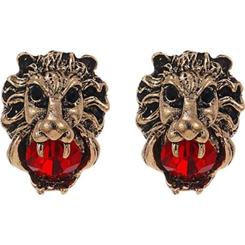 ZHINI New Bohemia Vintage Gold Color Stud Earrings for Women Enthic Gothic Lion Head Earring Crystal Statement Earring Jewelry