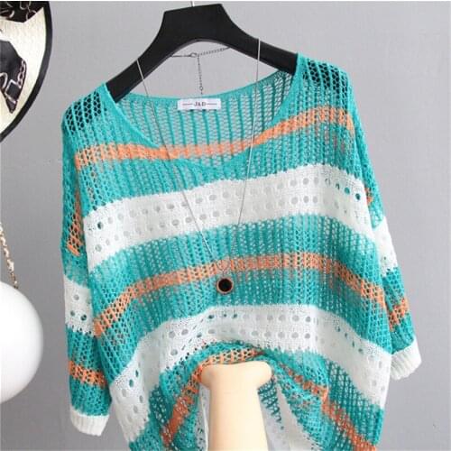 Spring Summer Sexy Women Knitted Pullovers Color Stripes Seven Quarter Sleeve Thin Sunscreen Hollow Out Tops Loose Basic Clothes
