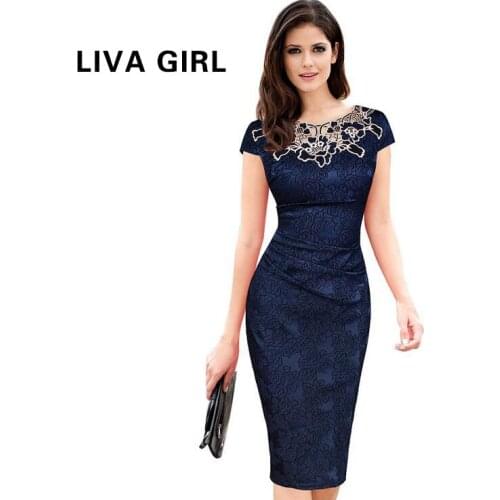 Liva Girl Womens embroidery Elegant Vintage Dobby fabric Hollow out embroidered Ruched Pencil Bodycon Evening Party Dress