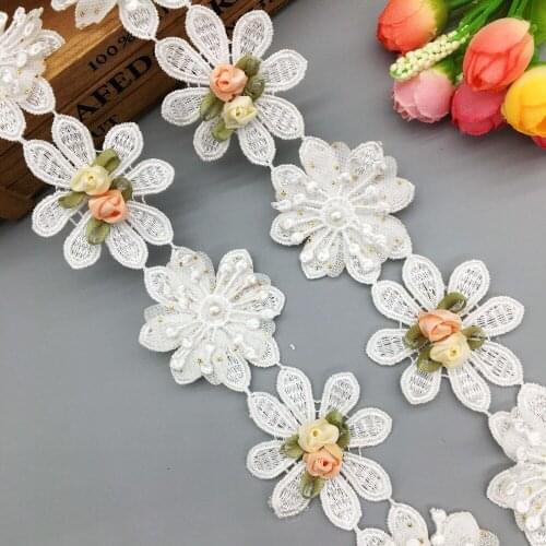 1 Yard White Pearl Rose Flower Embroidered Lace Trim Ribbon Fabric Handmade Wedding Dentelle Sewing Craft For Costume Hat Shoes