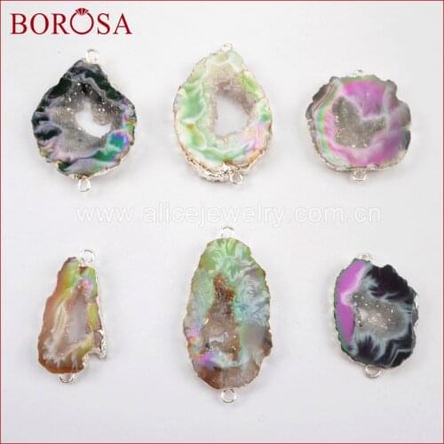 BOROSA 10Pcs New Arrival Drusy Silver Color Titanium AB Agates Druzy Slice Connectors, Mixed Colors Gems Connector Jewelry S1453