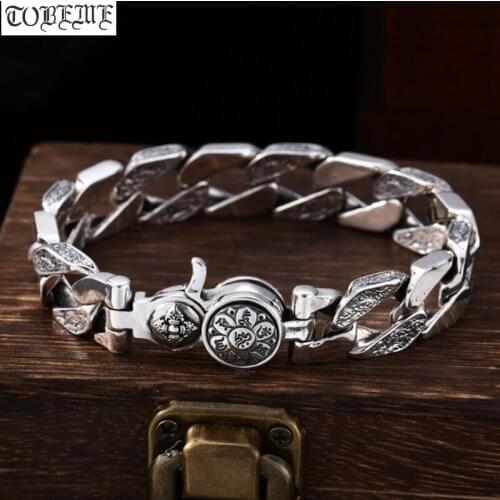 100% 925 Siilver Tibetan Six Words Proveb Bracelet Sterling Buddhist OM Vajra Bracelet Tibetan Good Luck Man Bracelet