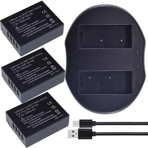 1500mAh NP-W126S NP-W126 NP W126 W126S Battery(3-Pack) + Dual Charger for Fujifilm Fuji X-Pro1 XPro2 X-T1 XT1 HS30EXR