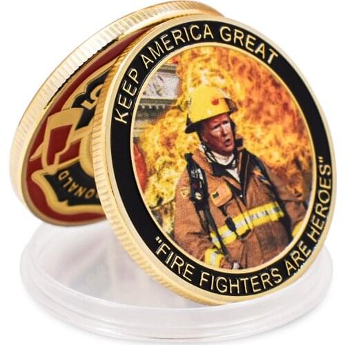 US President Trump Firefighter Gold Metal Coins Challenge Coin Collectibles American Style Gifts for Collections 1pcs