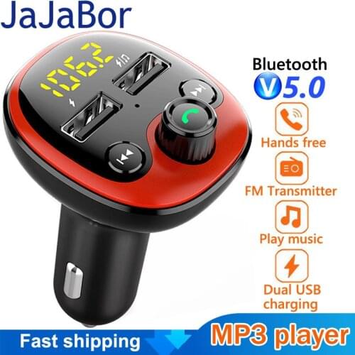 JaJaBor Bluetooth Car Kit Handsfree FM Transmitter Bluetooth 5.0 Dual USB Car Charger Support Folder Switch Playback