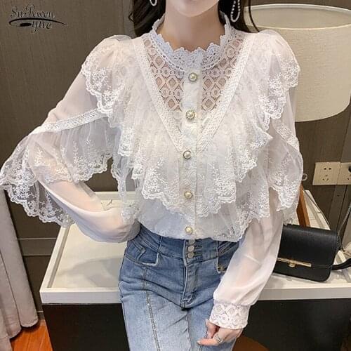 Fashion Lace Stitching Elegant Blouses Long-sleeved Stand-up Collar Button Chiffon Shirts Casual Puff Sleeve Hollow Blouse 16902