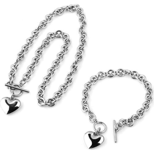 1Set Women Ladies Stainless Steel Chain Heart Shaped Toggle Bracelet Pendant Necklace for Jewelry Gifts Decor 264E