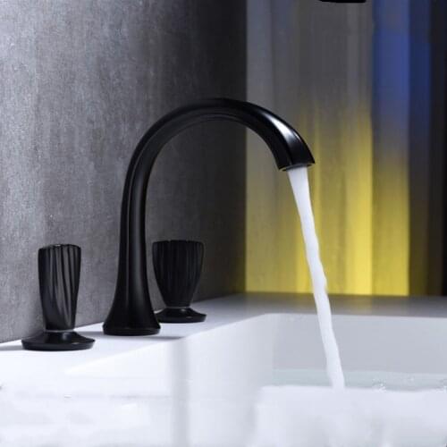 Black Brass Double Handle Bathroom Sink Faucet Hot Cold Basin Faucet Mix Tap Three holes Bathroom Faucets-High quality material