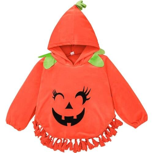 Children Baby Girls Halloween Hoodie, Orange Pumpkin Face Embroidery Pattern Long Sleeve Hooded Pullover 3-8T