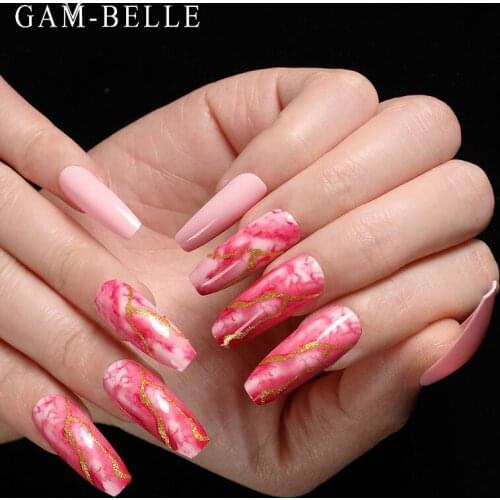 GAM-BELLE Long Ballerina Fake Nails with Glue Pink Marble Pattern Artificial False Nail Tips DIY Manicure Nail Art Decoration
