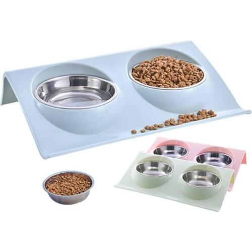 Double-layer pet bowl, stainless steel dog bowl, food bowl, double bowl, one bowl, multi-purpose three-color