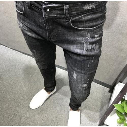 Men Vintage Streetwear Hip Hop Ripped Biker Jeans Destroyed Frayed Men Motorcycle Joggers Skinny Denim Pants Men Fashion Jeans