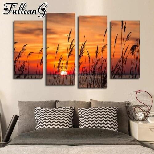 FULLCANG Beautiful sunrise landscape 4 piece diy diamond painting full square round drill 5d mosaic embroidery sale FC2875