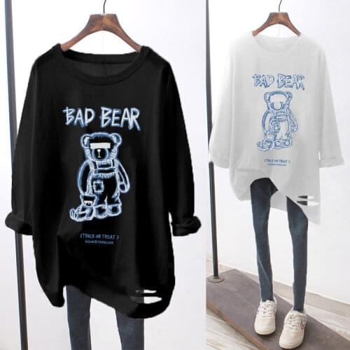 Cartoon Bear Pattern Long-Sleeved T-shirt Spring Autumn Mid-Length Loose Letter Print Tops Tee Fashion Women Clothing