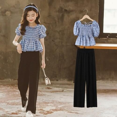Girls Clothes Set Summer 2021 Korean Kids Clothing for Girls Square Collar Short-sleeve Top + Wide-leg Pants Clothes 10 12 Years