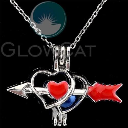 Red Enamel Double Heart Arrow Beads Pearl Cage Perfume Diffuser Pendants Locket Necklace Lover Gift K1138