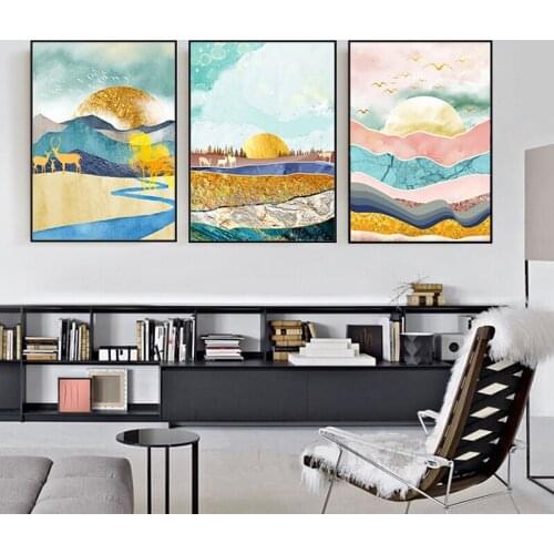 Colorful Abstract Elk Natural Landscape Forest Tree River Yellow Sun Canvas Painting Sofa Wall Picture Poster Room Decoration