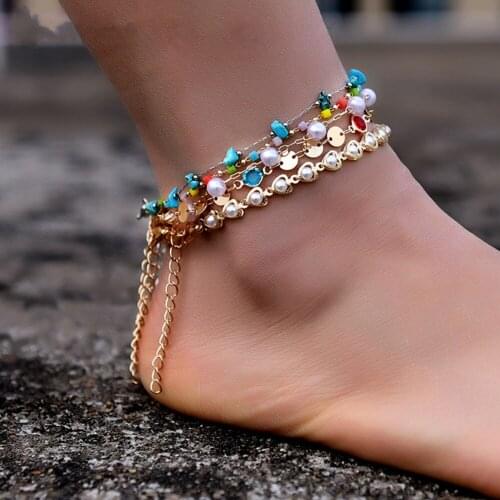 Fashion Alloy Chains Bracelet Trendy Crystal Pearl Stone Heart Anklets for Women Summer Boho Beach Sandals Chains Foot Jewelry