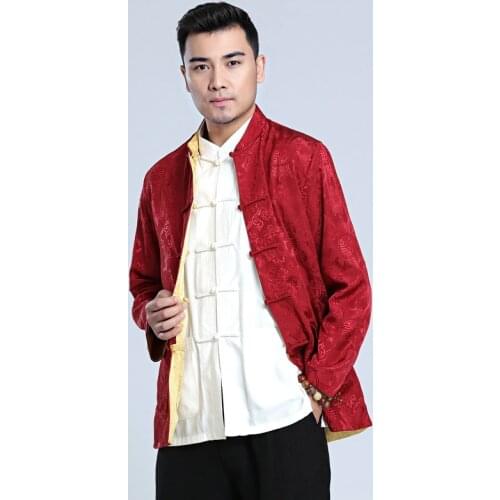 Tang Mens long sleeve top coat mens Chinese clothing mens silk satin double side long sleeve autumn