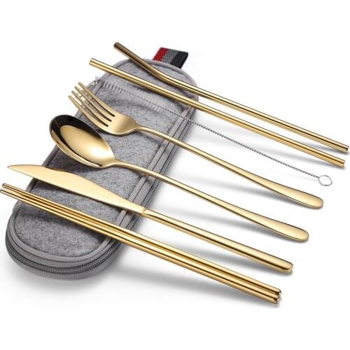 Stainless Steel Tableware Set Portable Gold Kitchen Accessories Knife Fork Spoon Chopsticks Straw Cutlery 7piece Dinnerware Sets