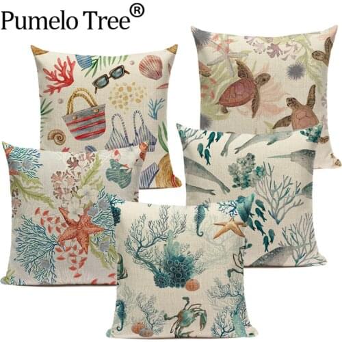 Blue Marine Life Cushion Covers Turtle Whale Decorative Living Room Pillowcase on The Sofa Ocean Decoration Home Pillow Covers