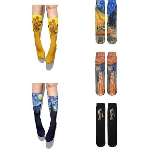 3D Van Gogh Oil Painting Socks Retro Art Women Winter Cotton Sunflower Starry Moon Night Warm Calf Socks Unisex Breathable Socks