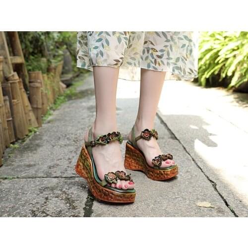New Muffin Thick Bottom Retro Literary Style Slope-heeled High-heeled Sandals