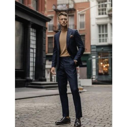 New Design Male Wedding Prom Suit Navy Blue Slim Fit Tuxedo Men Formal Business Work Wear Suits 2 Pieces Set (Jacket+Pants)