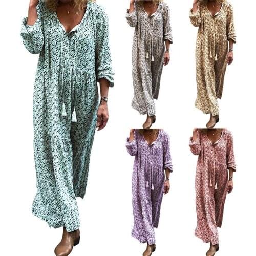 Plus Size Fashion Bohemia Summer Club Women Sundress Sexy V Neck Floral Print Long Sleeve Casual Lady Long Maxi Dress Vestidos