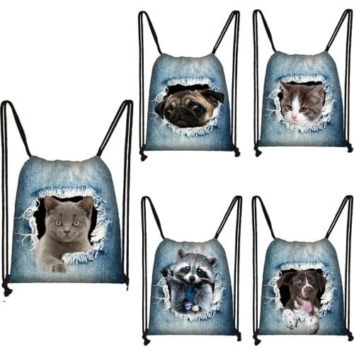 Cute Dog Backpack Cat Print Drawstring Bag Woman Rucksack Fashion Girl Travel Bags Portable Storage Bag Shoes Holder
