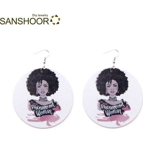 SANSHOOR Afro Phenomenal Woman Wood Drop Earrings Tribal Natural Hair Ethnic Jewelry For Women Christmas Gift 1Pair